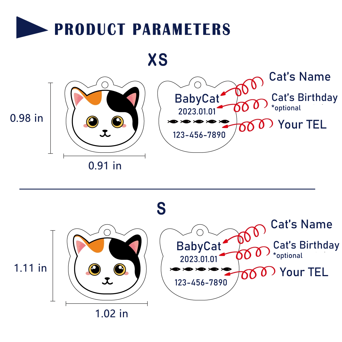 Fully Custom Pet Shape ID Tags Personalized with Cartoon Avatar & Name & Text in Cat Shape